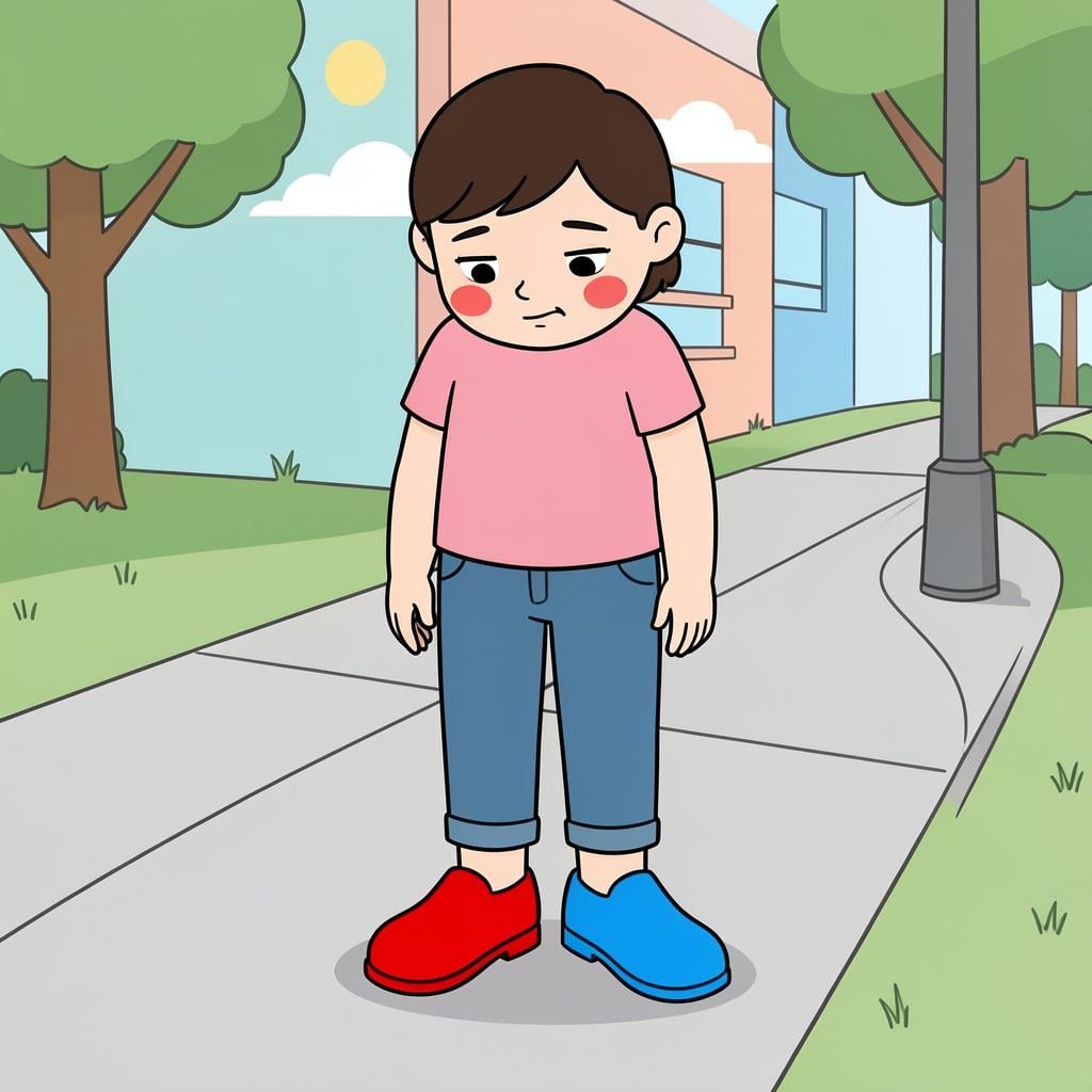 A person accidentally wearing two different colored shoes in public, looking down with a blushing face.