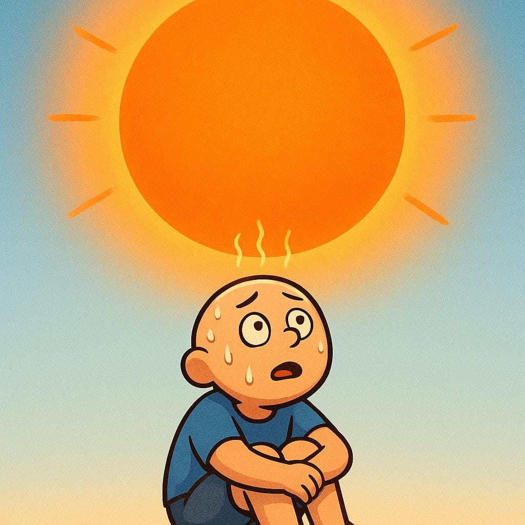 A cartoon figure sitting under a massive, brightly glowing orange sun, sweating profusely, with exaggerated wavy lines indicating intense heat and distress, showing they are overwhelmed.