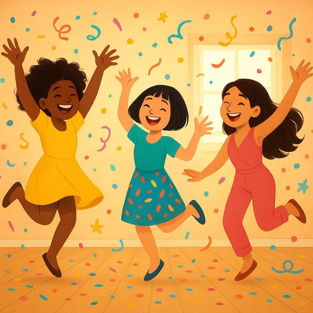 A lively scene of several young women dancing with high energy and enthusiasm in a brightly colored room filled with scattered confetti.