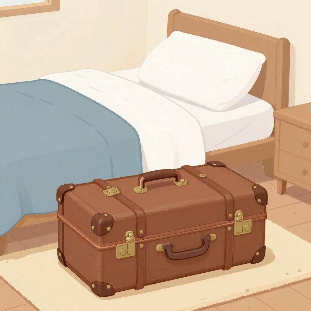 A simple storybook illustration of a closed, vintage travel suitcase sitting on the floor next to a cozy, made-up bed in a neutral room, symbolizing a temporary stay or visit.