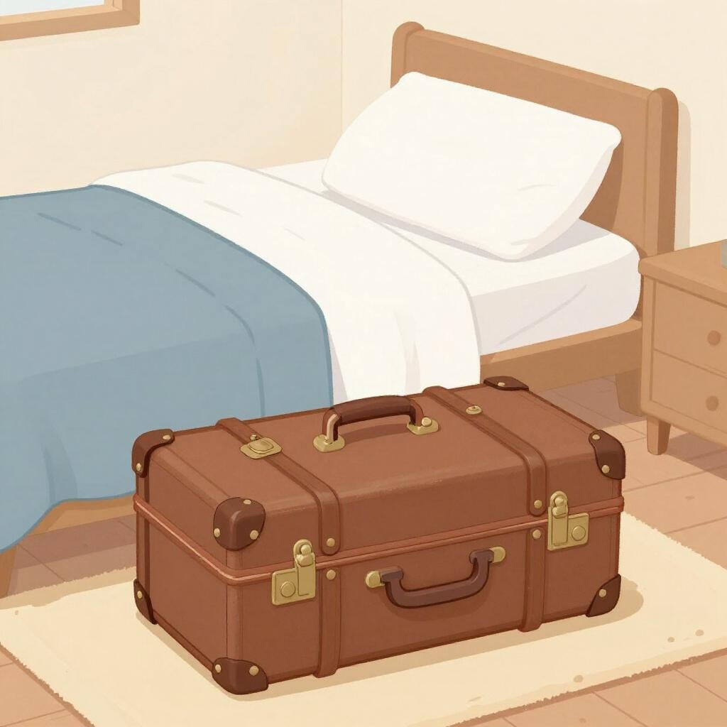 A simple storybook illustration of a closed, vintage travel suitcase sitting on the floor next to a cozy, made-up bed in a neutral room, symbolizing a temporary stay or visit.