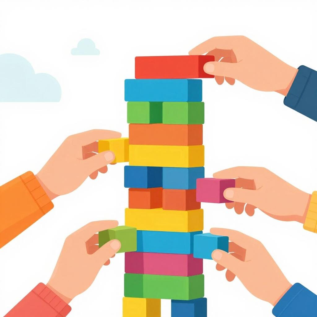 Een grote groep mensen die elk een enkele kleurrijke steen op een groeiende toren plaatsen.