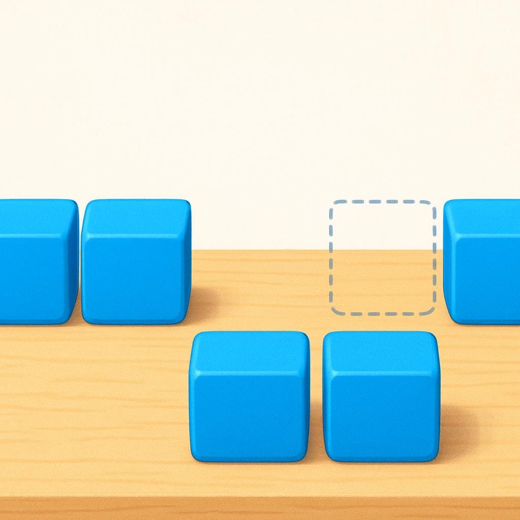 Eine farbenfrohe Bilderbuchillustration, die eine Reihe von sechs identischen, leuchtend blauen Bausteinen auf einem Holztisch zeigt. Es gibt eine auffällige leere Stelle, wo der vierte Baustein sein sollte, was etwas Abwesendes veranschaulicht.