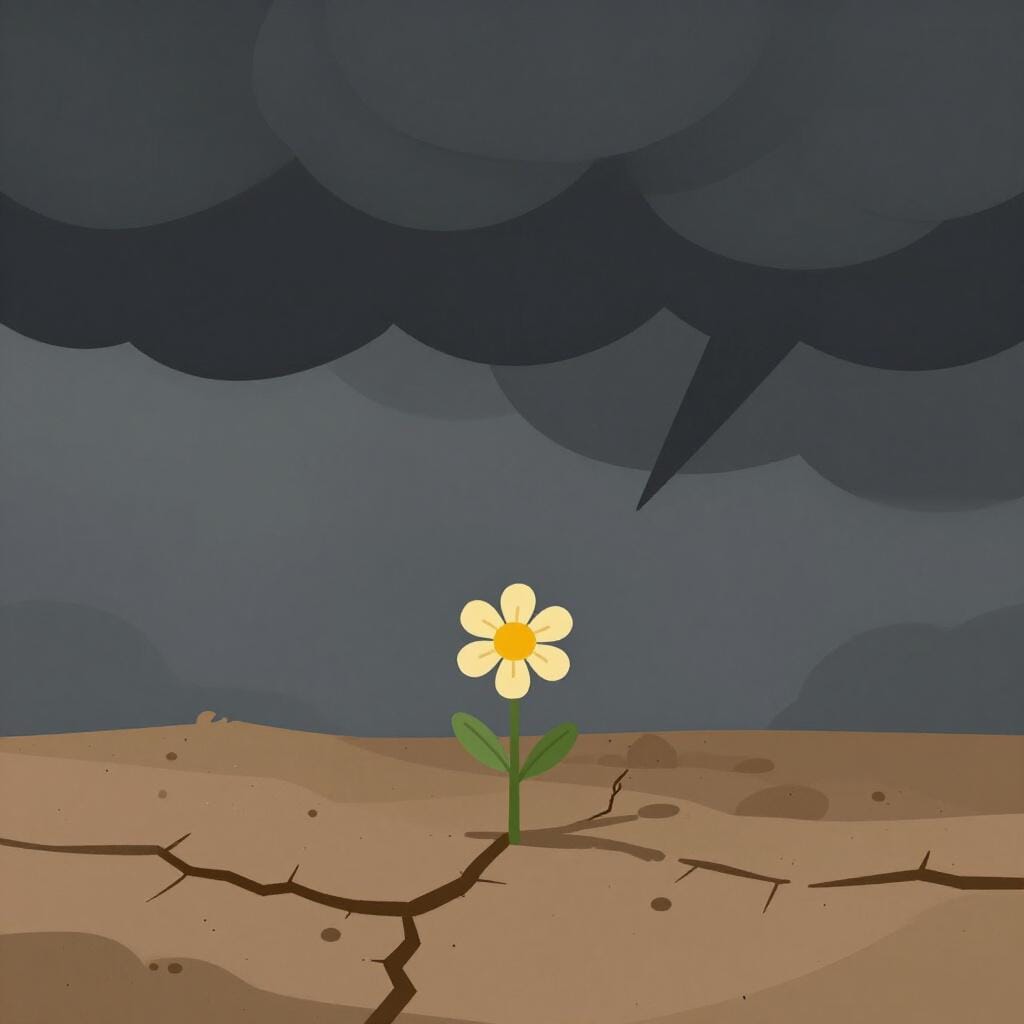 A dark, jagged storm cloud looming over a small, lonely, withered flower in a barren field.