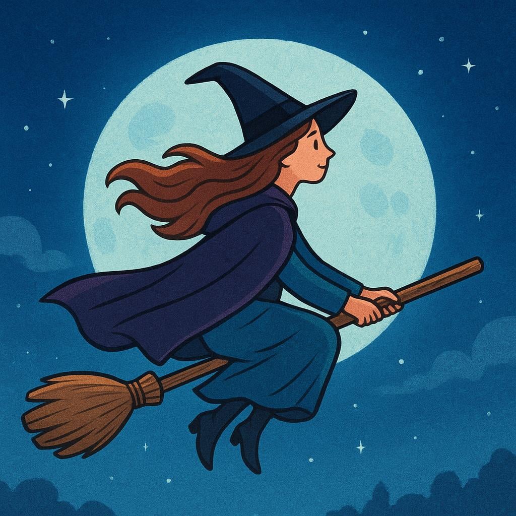A storybook illustration of a witch flying on a broomstick under a full moon.