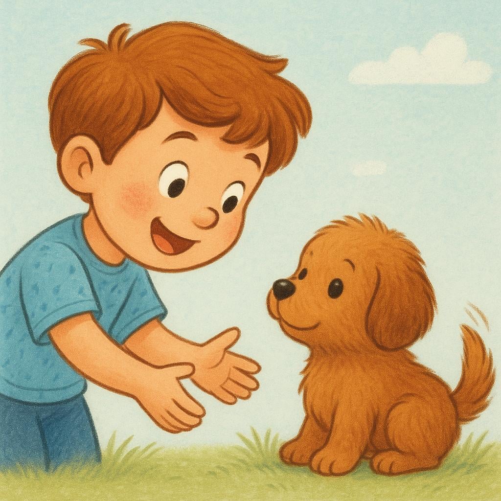 A happy child with wide eyes reaching out excitedly towards a small, fluffy puppy. The scene conveys strong future affection and anticipation.