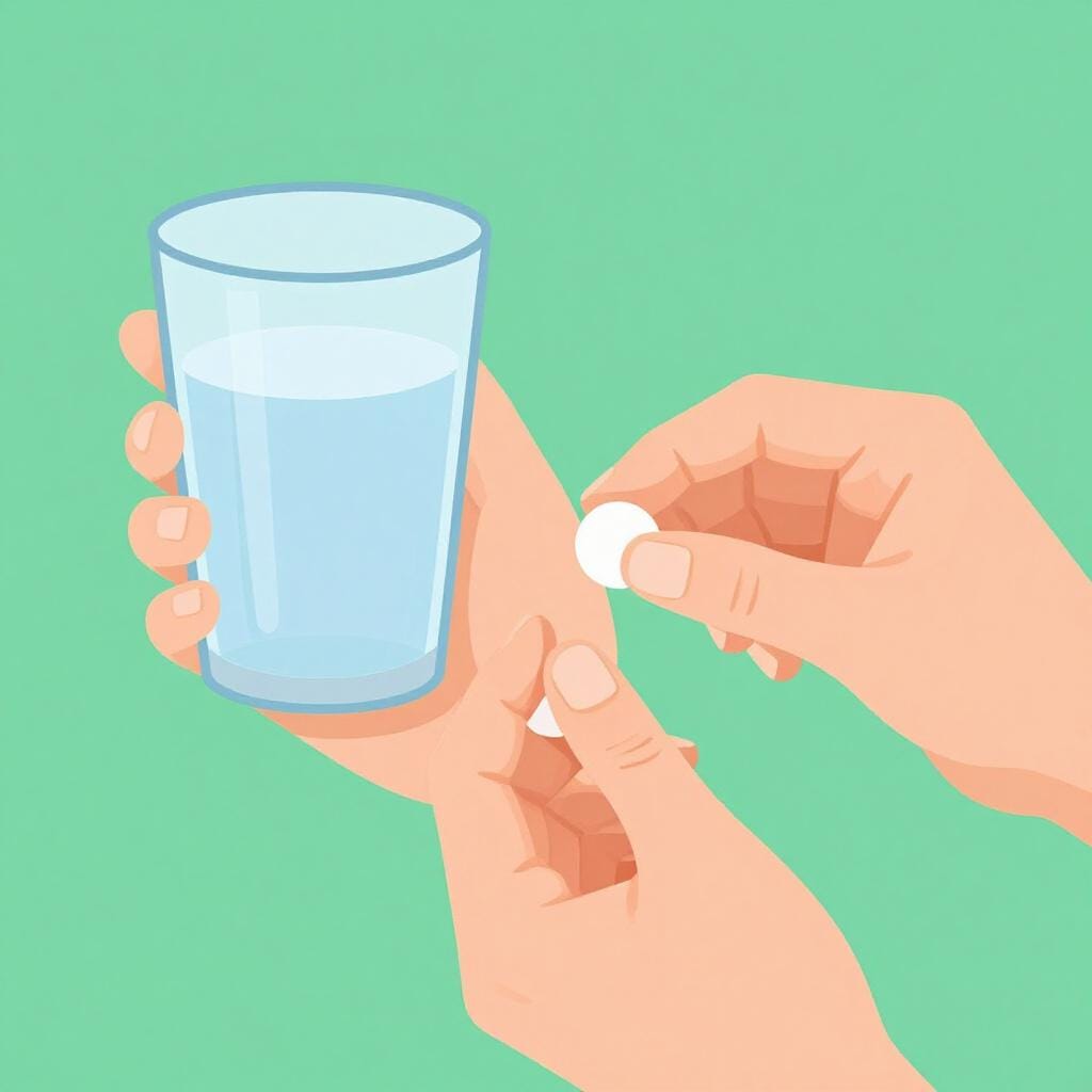 A person holding a glass of water and a small pill, about to take their medicine.