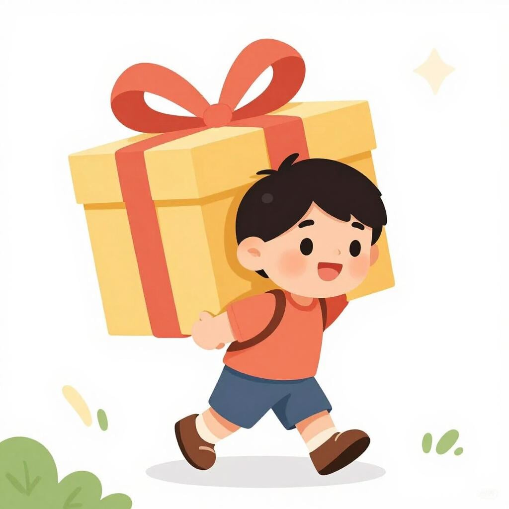 A child walking toward the viewer carrying a large, colorful gift box.
