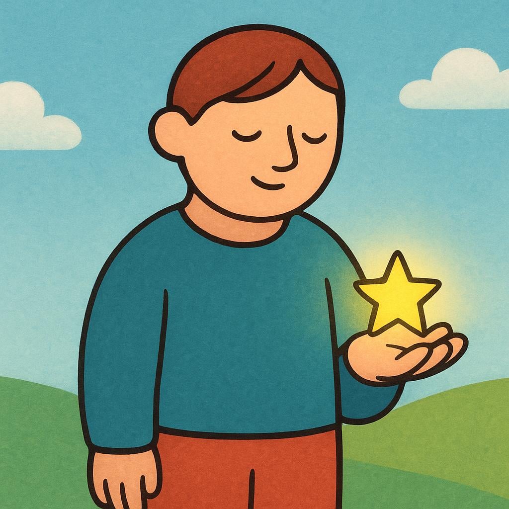 A high quality simple colorful storybook illustration of a friendly figure standing calmly, holding a small, brightly glowing yellow star in their hand with a serene, knowing expression.