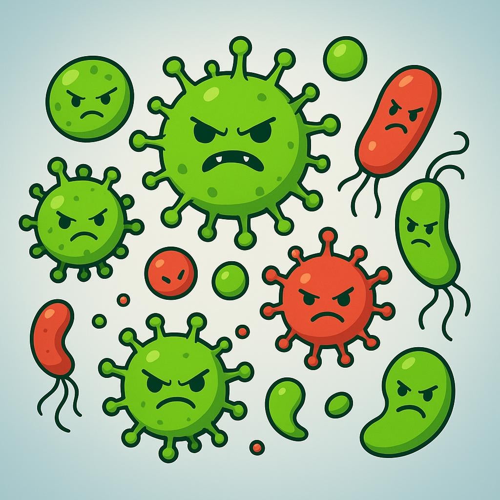 A storybook illustration showing a group of menacing, stylized green and red bacteria and virus shapes floating together, representing diseases.