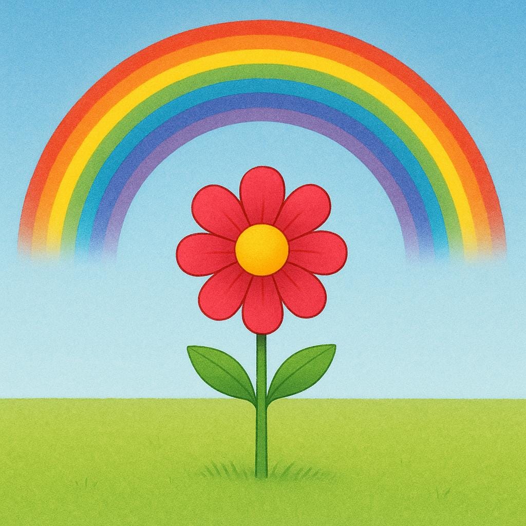 A vibrant, stylized illustration showing a perfect, symmetrical rainbow arching high above a single, flourishing red tulip in a lush green meadow under a bright sun.