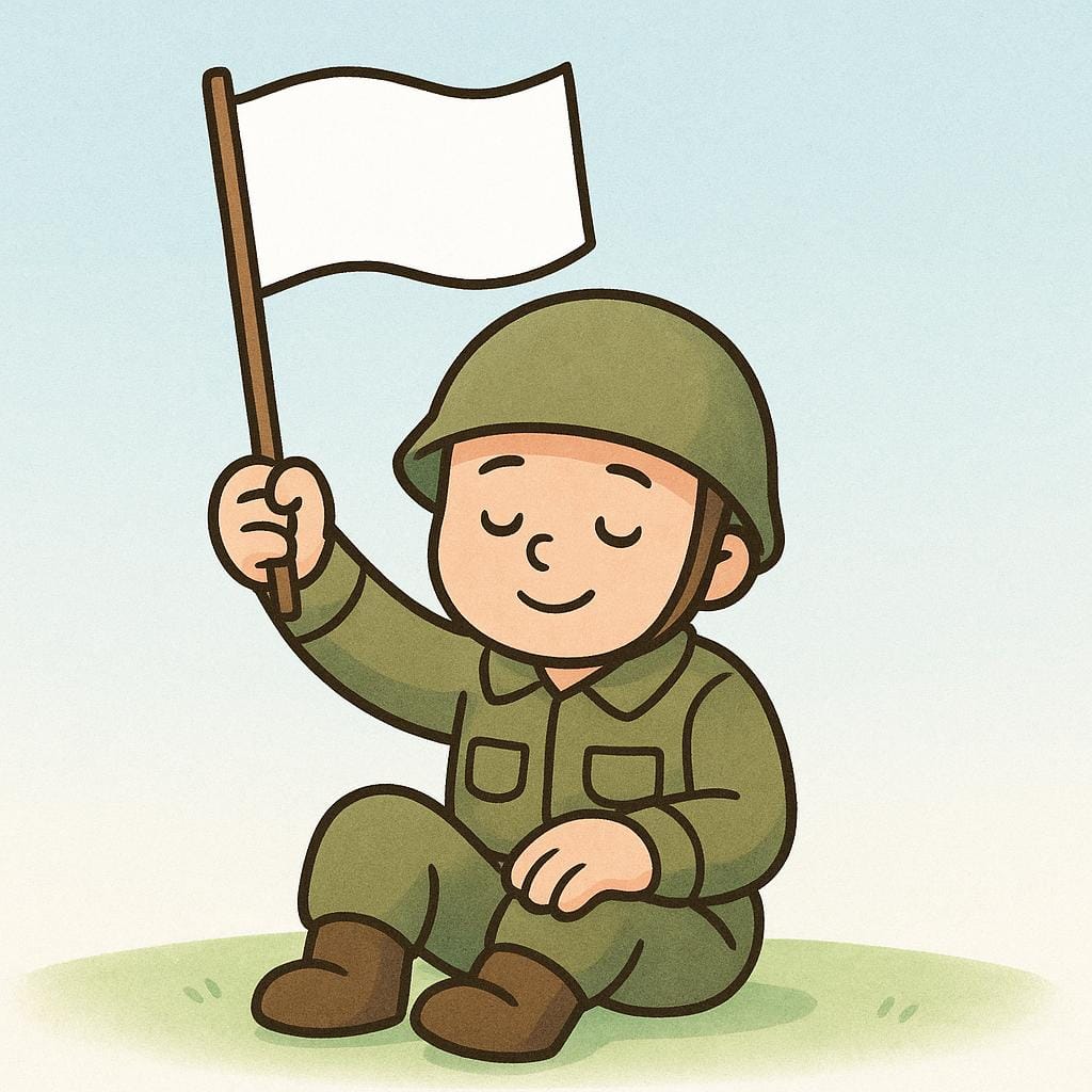 A cartoon figure sitting down and holding up a small white flag on a stick, depicting the act of surrender.