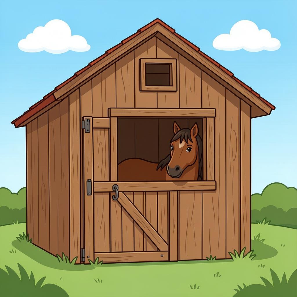 A classic wooden stable with a horse looking out from a stall door.