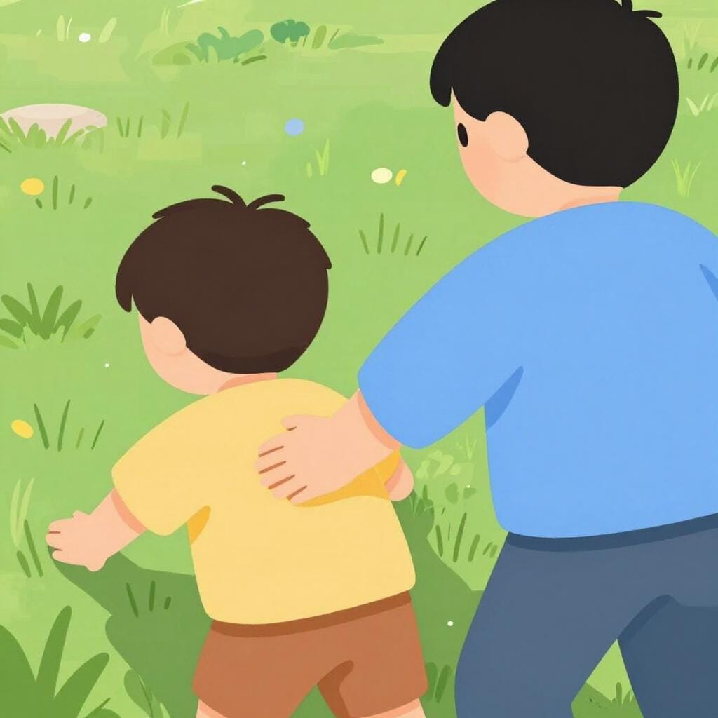 A child playfully giving a friend a gentle shove on the shoulders.