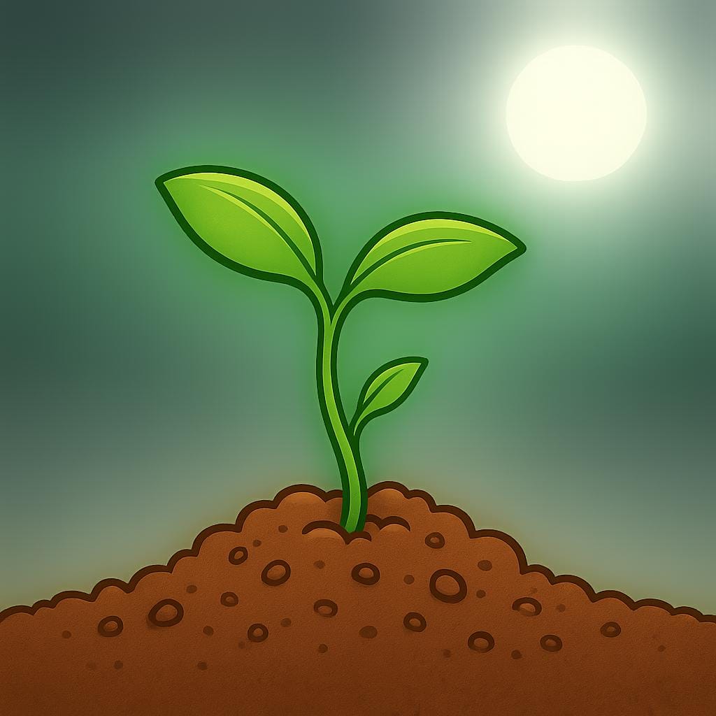 A tiny green plant seedling pushing out of dark brown soil, reaching upwards toward the sun, illustrating physical growth.