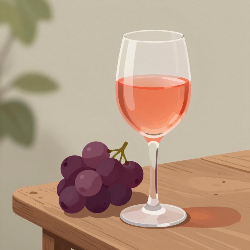 A glass of pink rosé wine sitting on a wooden table.