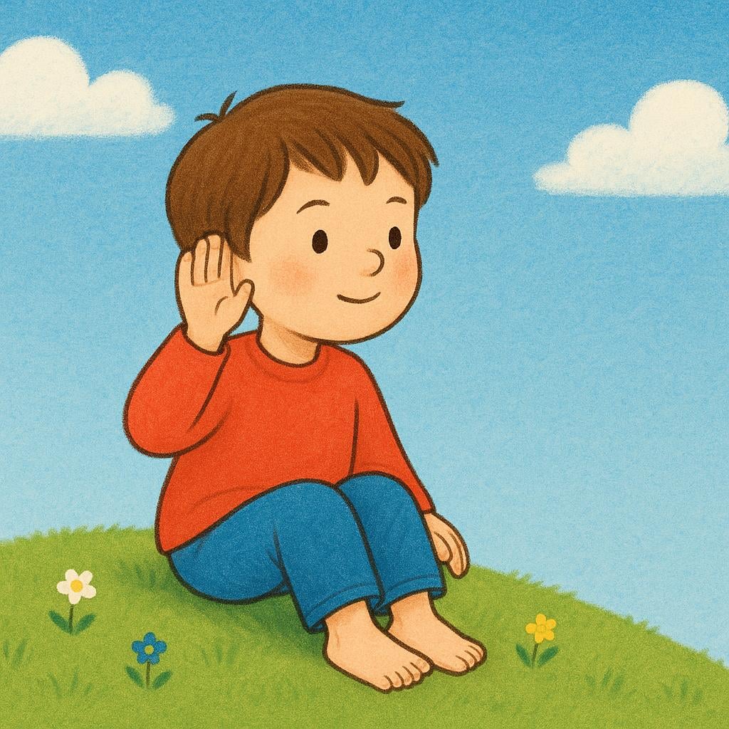 A child sitting on a grassy hill, holding their hand cupped behind their ear, demonstrating the act of actively listening or hearing a sound.
