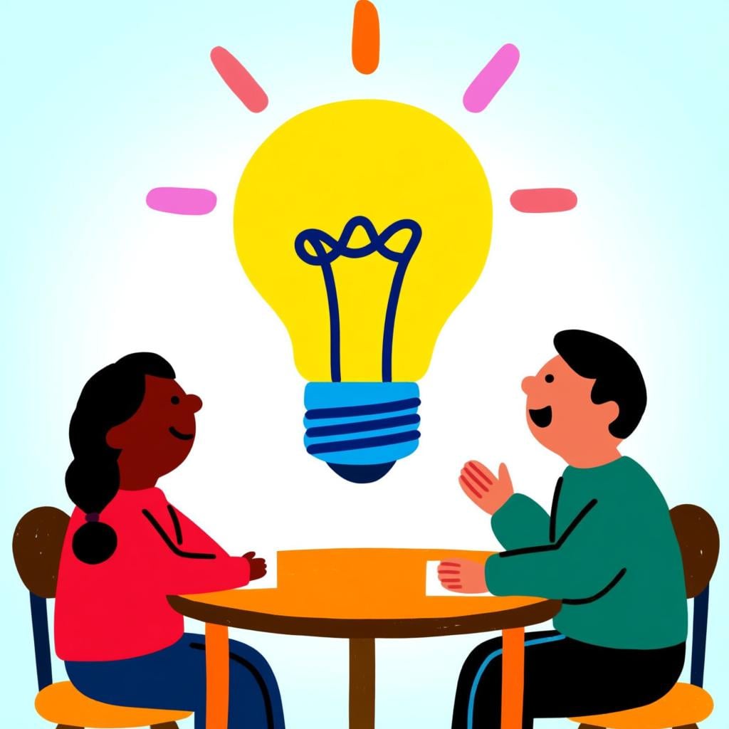 Two characters discussing a topic, symbolized by a floating lightbulb icon above one speaker's head.