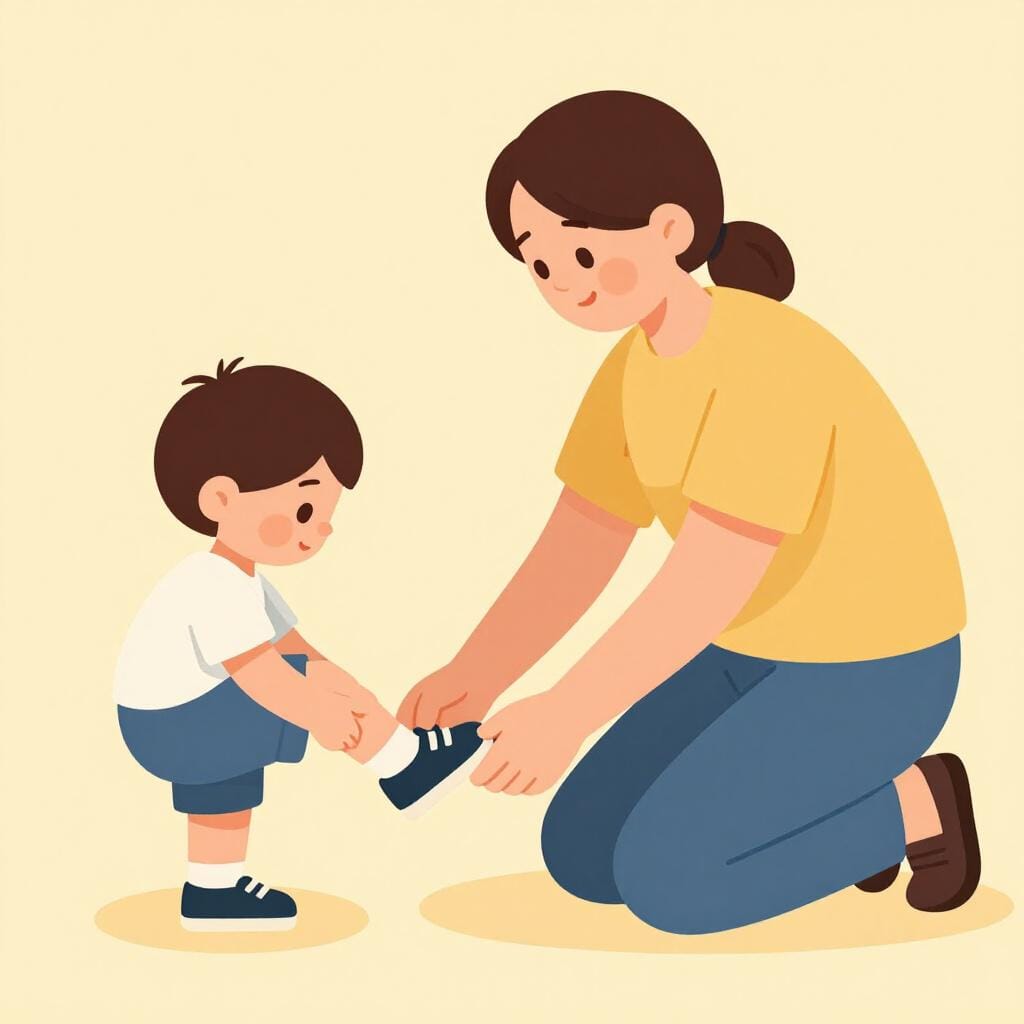 A person kneeling down to help a small child tie their shoelace in a gentle manner.