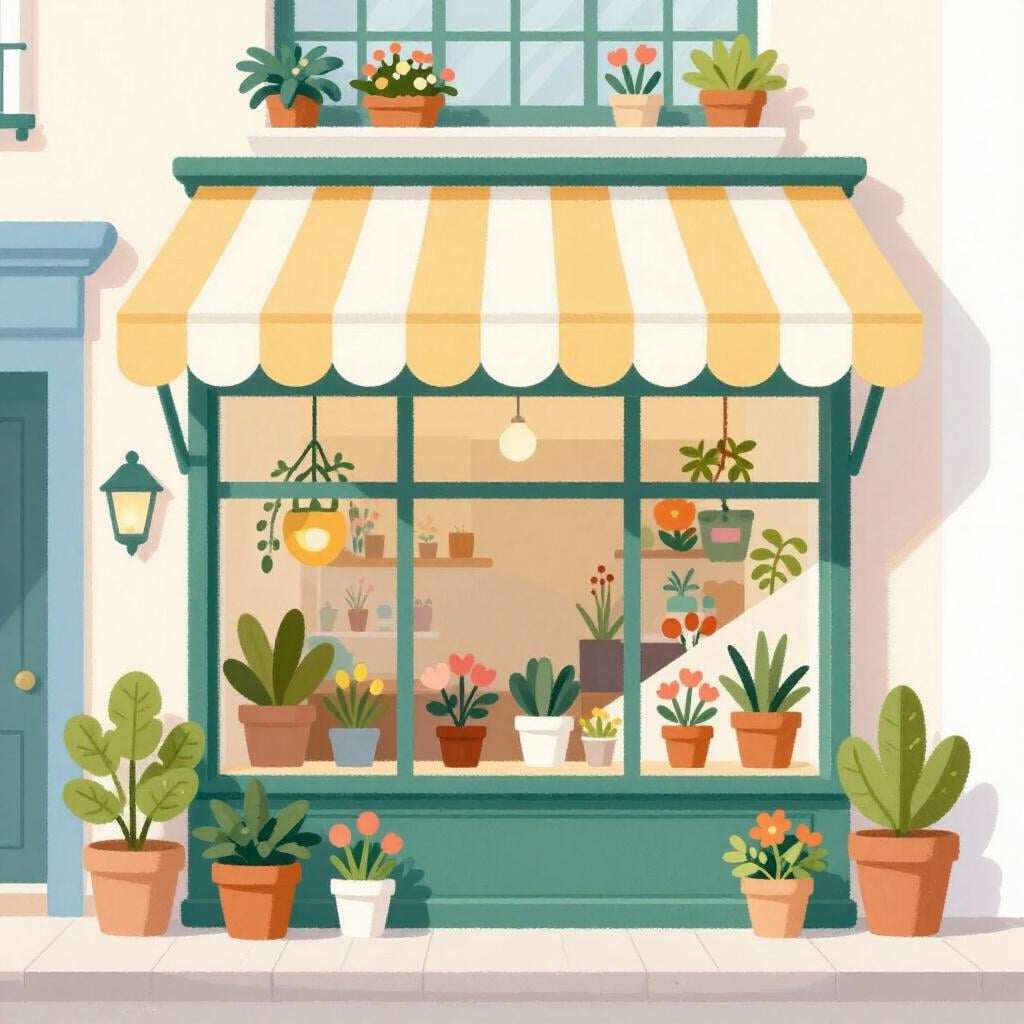 A small, colorful flower shop with a bright awning and plants in the window.