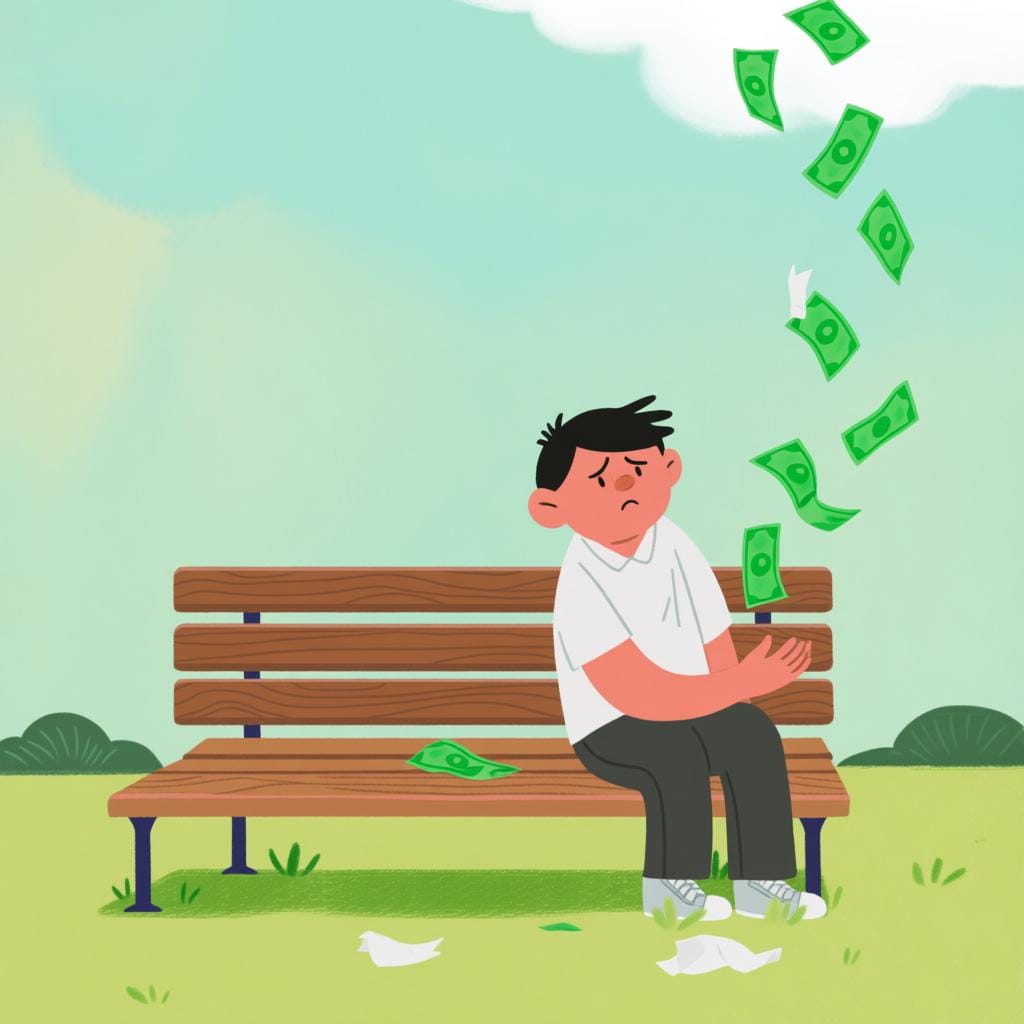 A cartoon figure sitting idly on a park bench, letting several paper bills float away from their open hand into the wind, symbolizing wasted money.