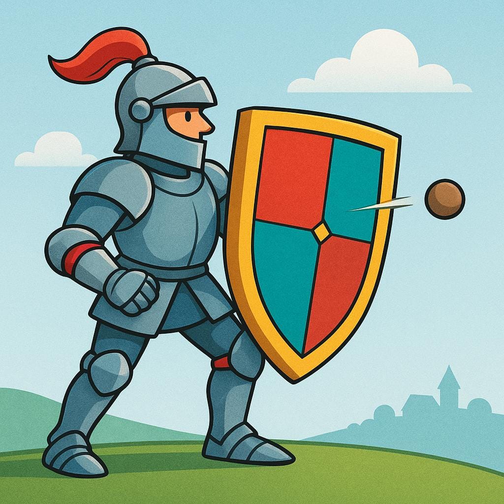 A high quality simple colorful storybook illustration of a knight holding a large shield, successfully blocking an incoming object.