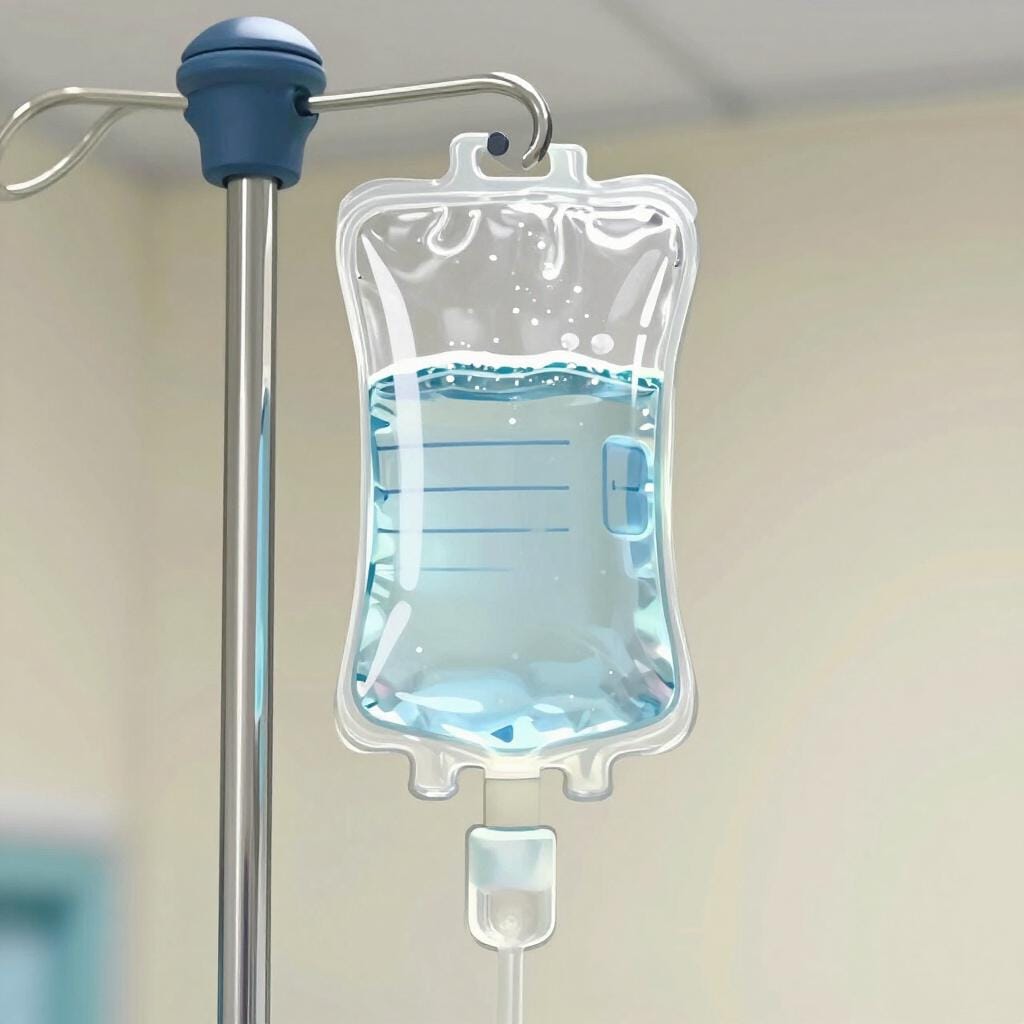 A clear medical bag filled with clear liquid hanging from a metal stand, connected to a thin tube.