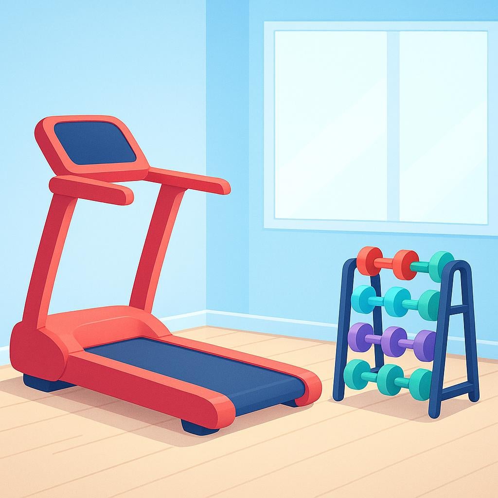 A brightly lit fitness center room featuring a single red treadmill and a small rack of colorful hand weights on the floor.