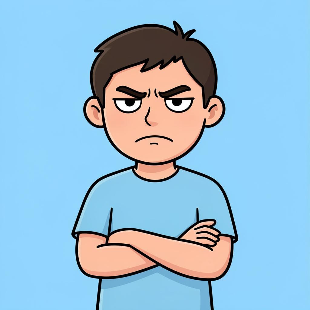 Eine Person mit einem frustrierten Ausdruck, die die Arme verschränkt, was das Gefühl des Verärgertwerdens veranschaulicht.