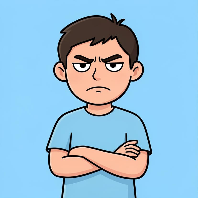 Eine Person mit einem frustrierten Ausdruck, die die Arme verschränkt, was das Gefühl des Verärgertwerdens veranschaulicht.