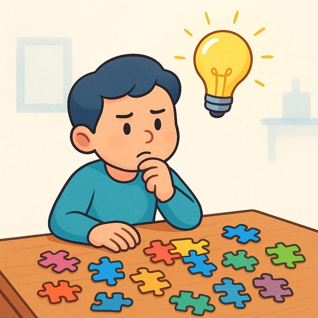 Un personaggio contemplativo seduto a una scrivania, con una grande lampadina luminosa che appare sopra la sua testa, a simboleggiare la scoperta di una soluzione.