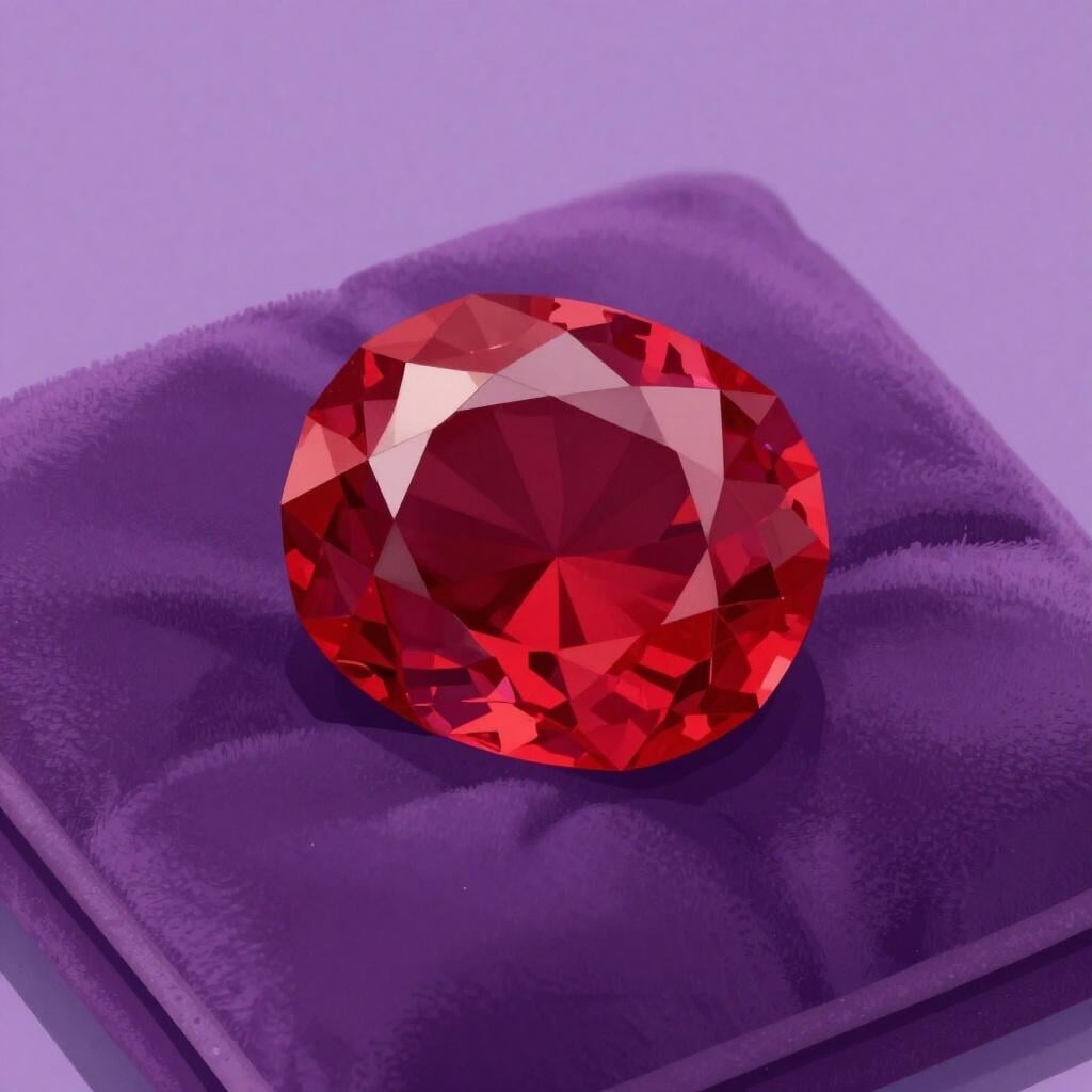 A shining, multifaceted red gemstone glowing on a velvet cushion.