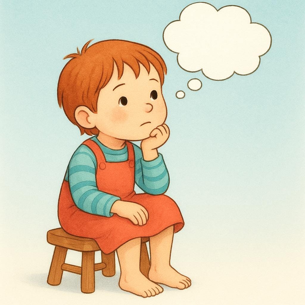 Un jeune enfant assis seul sur un simple tabouret en bois, appuyant son menton sur sa main, regardant vers le haut en profonde contemplation. Une forme de nuage simple et vide flotte légèrement au-dessus de sa tête, symbolisant un processus de pensée.