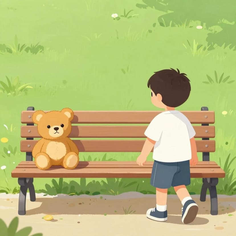 Ein Kind geht von einer Parkbank weg und lässt einen Teddybären zurück.