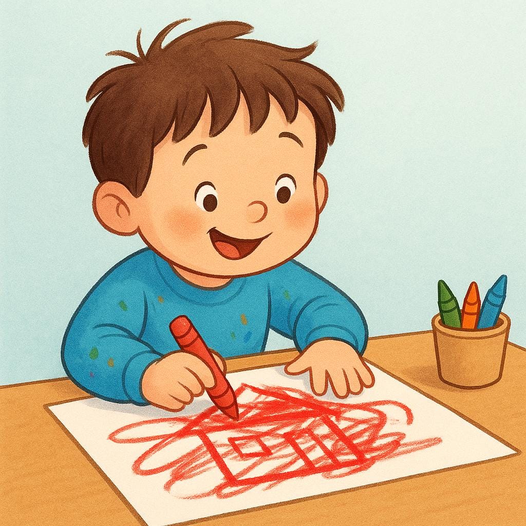 Eine farbenfrohe Illustration, die ein kleines Kind zeigt, das einen roten Buntstift hält und weit außerhalb der vorgesehenen Linien einer einfachen Zeichnung eines Hauses malt, was einen Fehler symbolisiert.