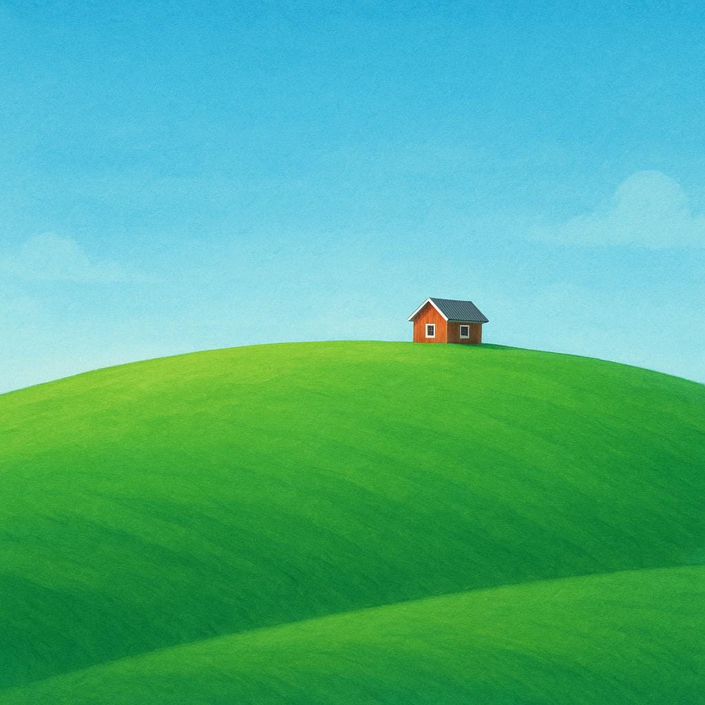 A tiny, simple wooden cabin sits very far away on the horizon of a vast, empty, green rolling hill under a bright blue sky.