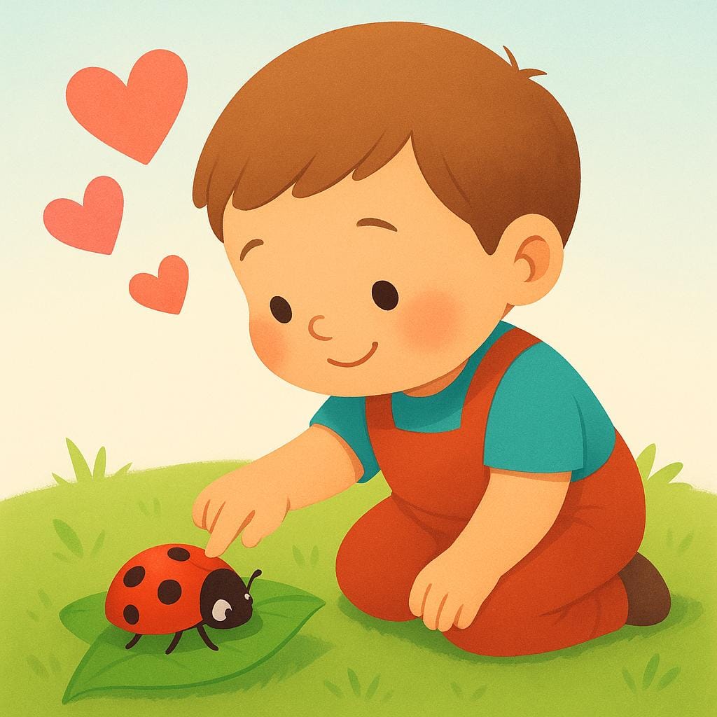 A small child is kneeling on green grass, looking lovingly at a ladybug perched on a leaf. Stylized pink hearts float above the child's head, showing adoration.
