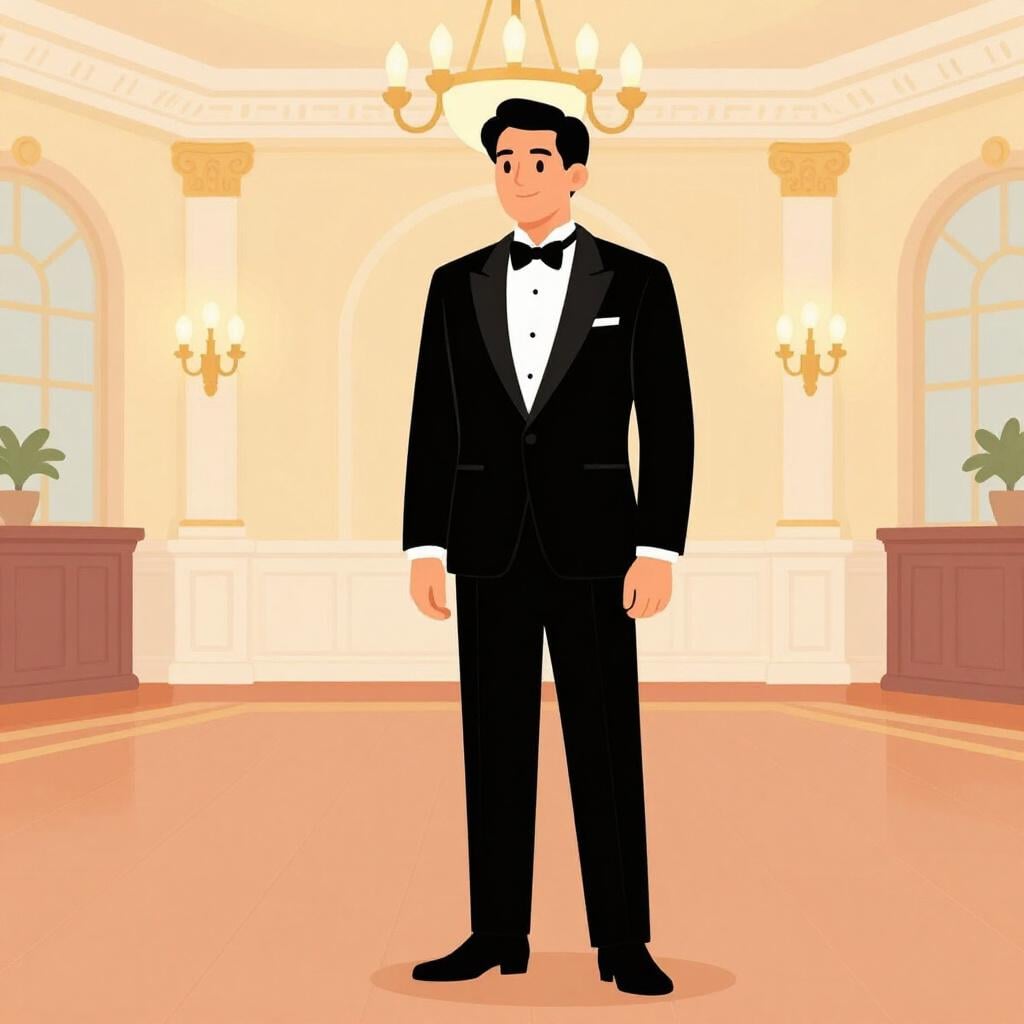 A person wearing a formal tuxedo at a fancy dinner party.