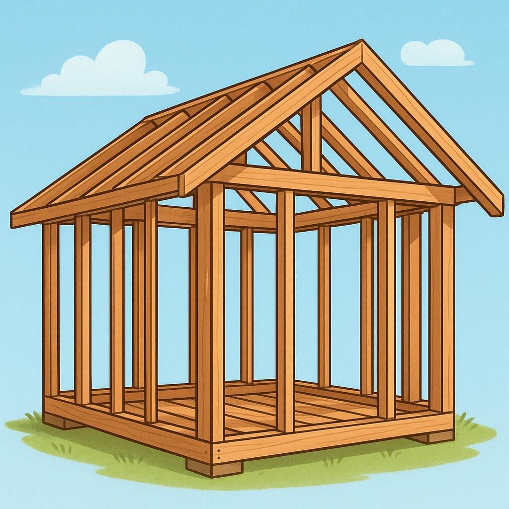 A simplistic, geometric wooden framework forming the skeletal structure of a small house under construction.
