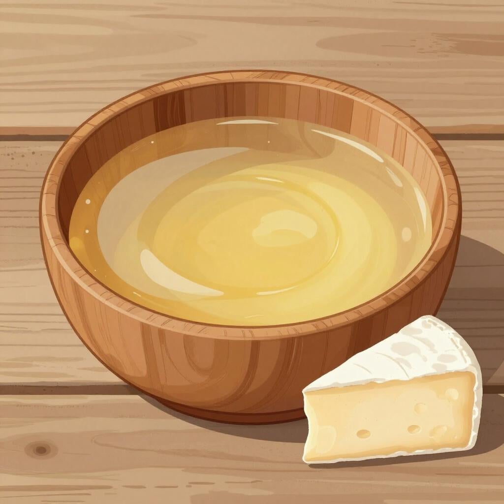 A wooden bowl containing a pale yellow translucent liquid next to a block of fresh white cheese.