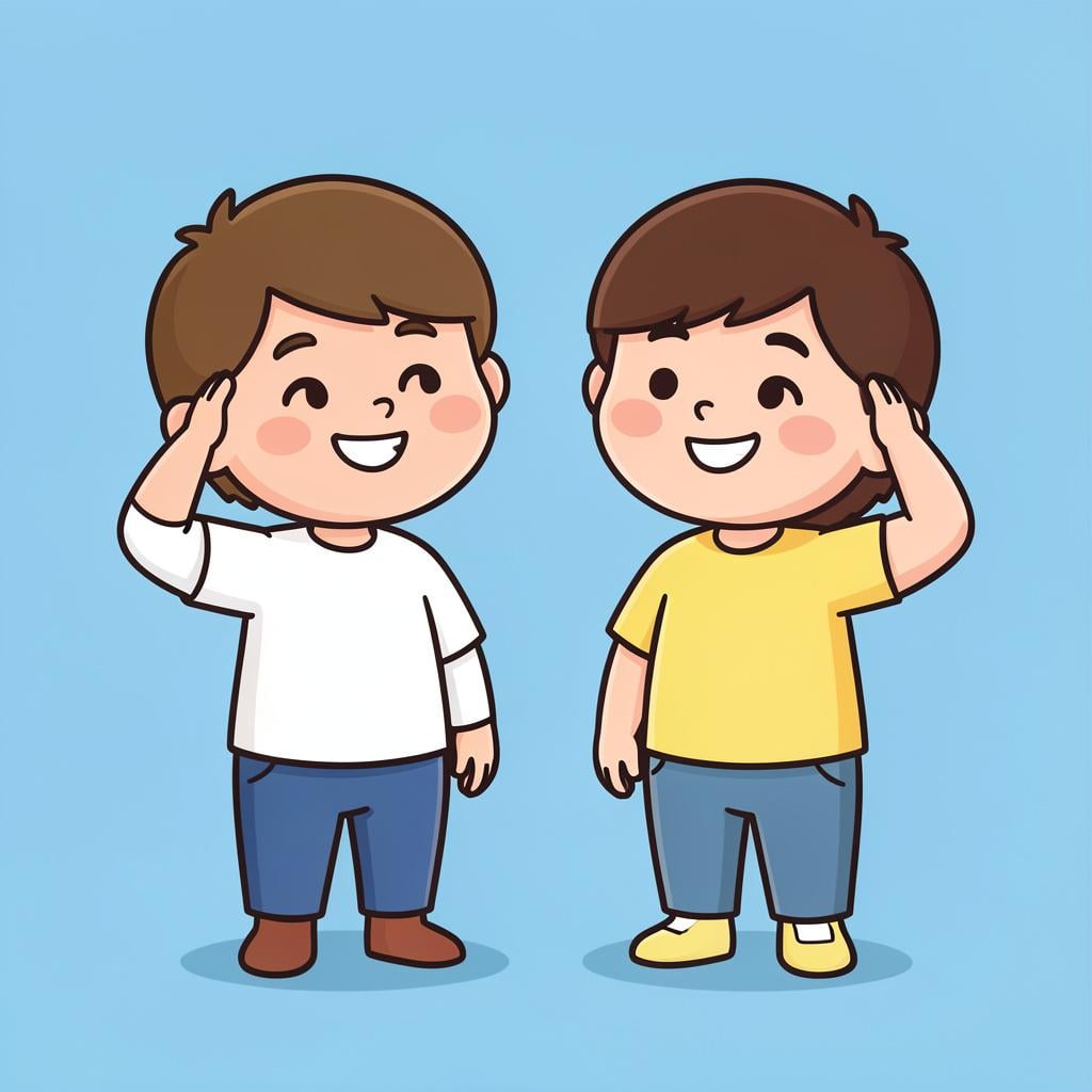 Two friendly characters standing together, both nodding and smiling with happy expressions.