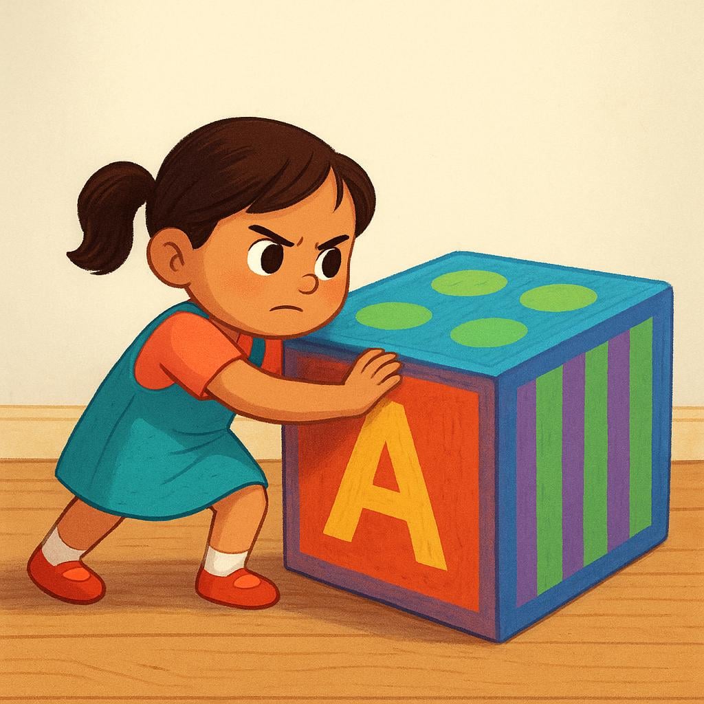 A determined young girl attempting to push a large, colorful wooden block across a floor, showing visible effort and strain.