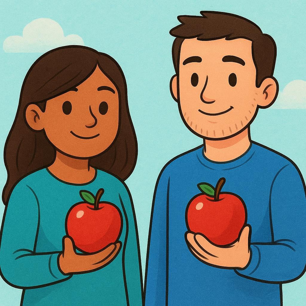 Two cartoon figures, a man and a woman, standing side-by-side. Each person is actively holding a bright red apple in their hand.