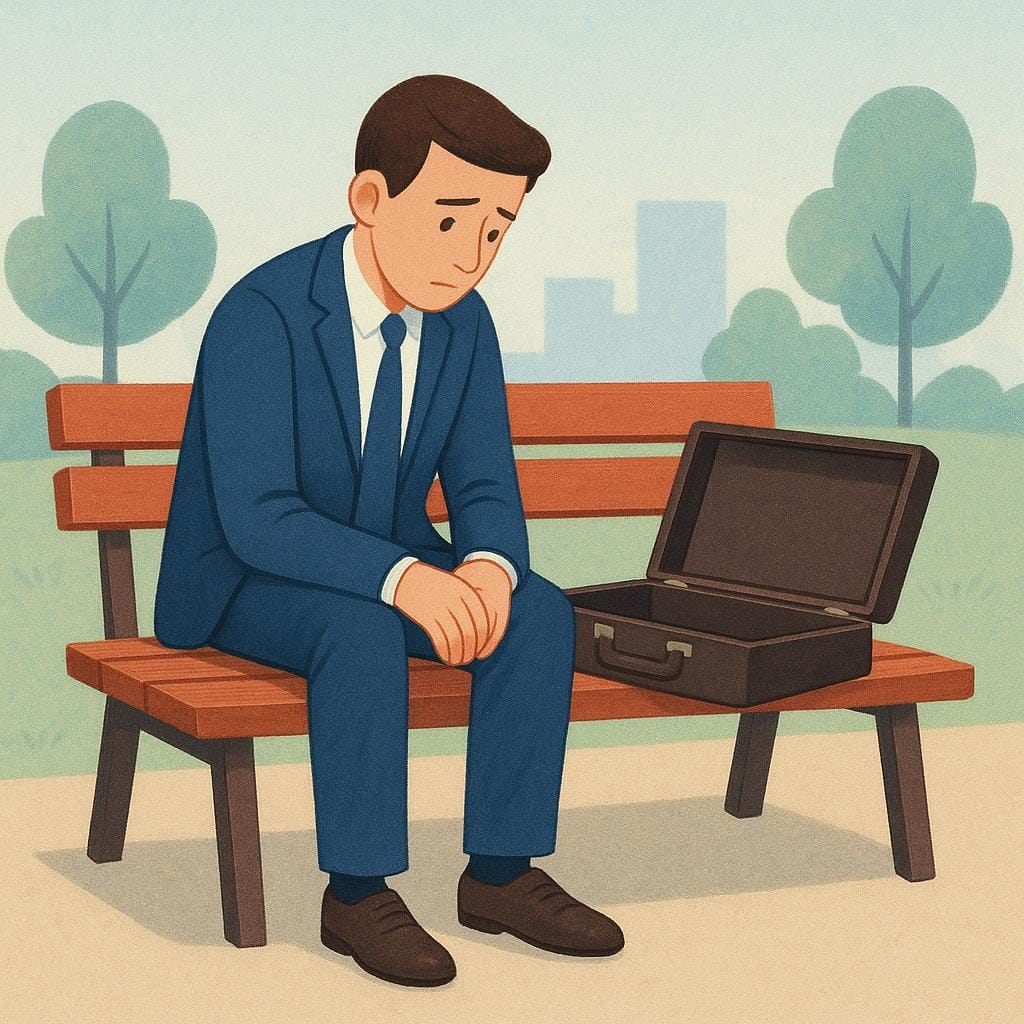 A lonely figure in professional clothing sitting on a simple wooden bench, looking sad and holding an empty briefcase, symbolizing unemployment.