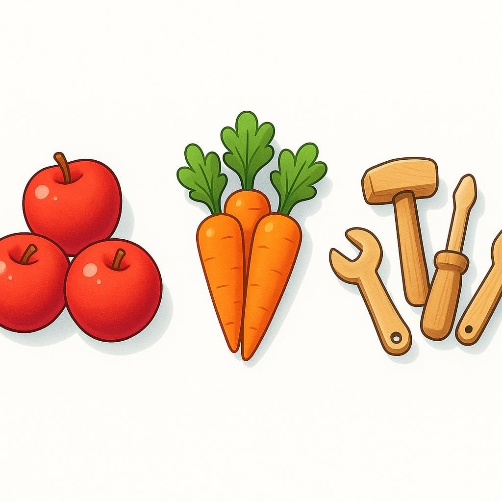 Three distinct, separated groups of objects on a table: a pile of red apples, a pile of orange carrots, and a pile of small wooden tools, illustrating categorization.