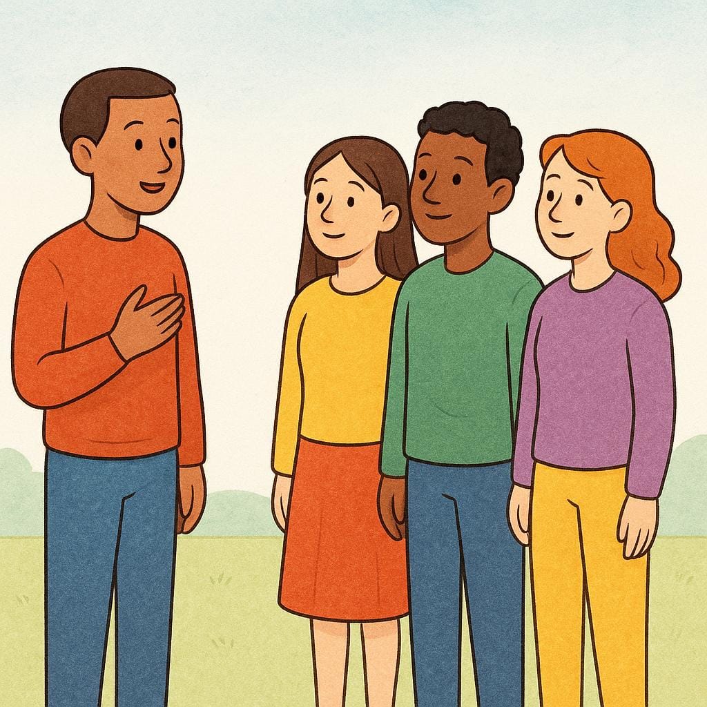 A high quality simple colorful storybook illustration showing a polite person slightly raising one hand and bowing their head slightly while addressing a small group of three people who are looking at them expectantly, symbolizing asking for attention.