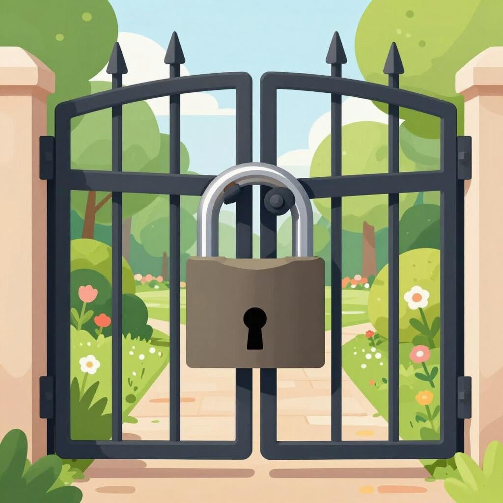 A heavy iron gate with a large padlock blocking a path.