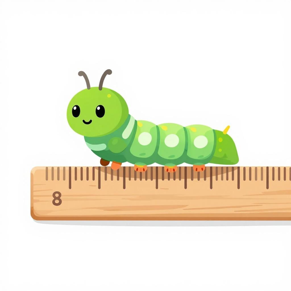A small green caterpillar crawling along the top edge of a wooden ruler, showing its length.