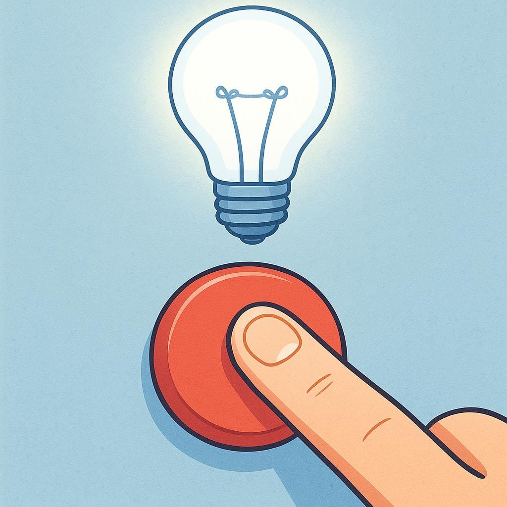 A single finger pushes a large red button, causing a bright light bulb above it to instantly illuminate.