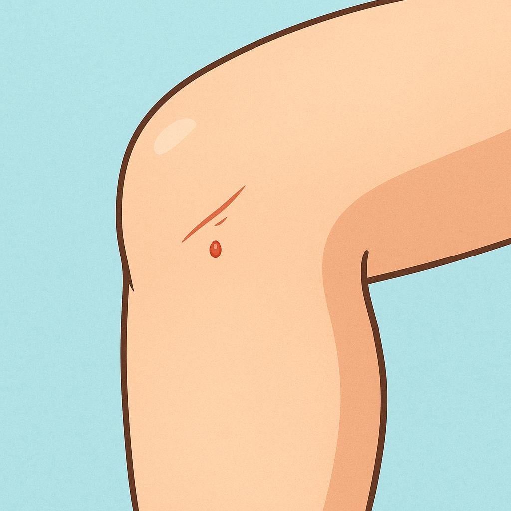 A close-up illustration of a bare cartoon knee with a small, clean scratch that is bleeding slightly.